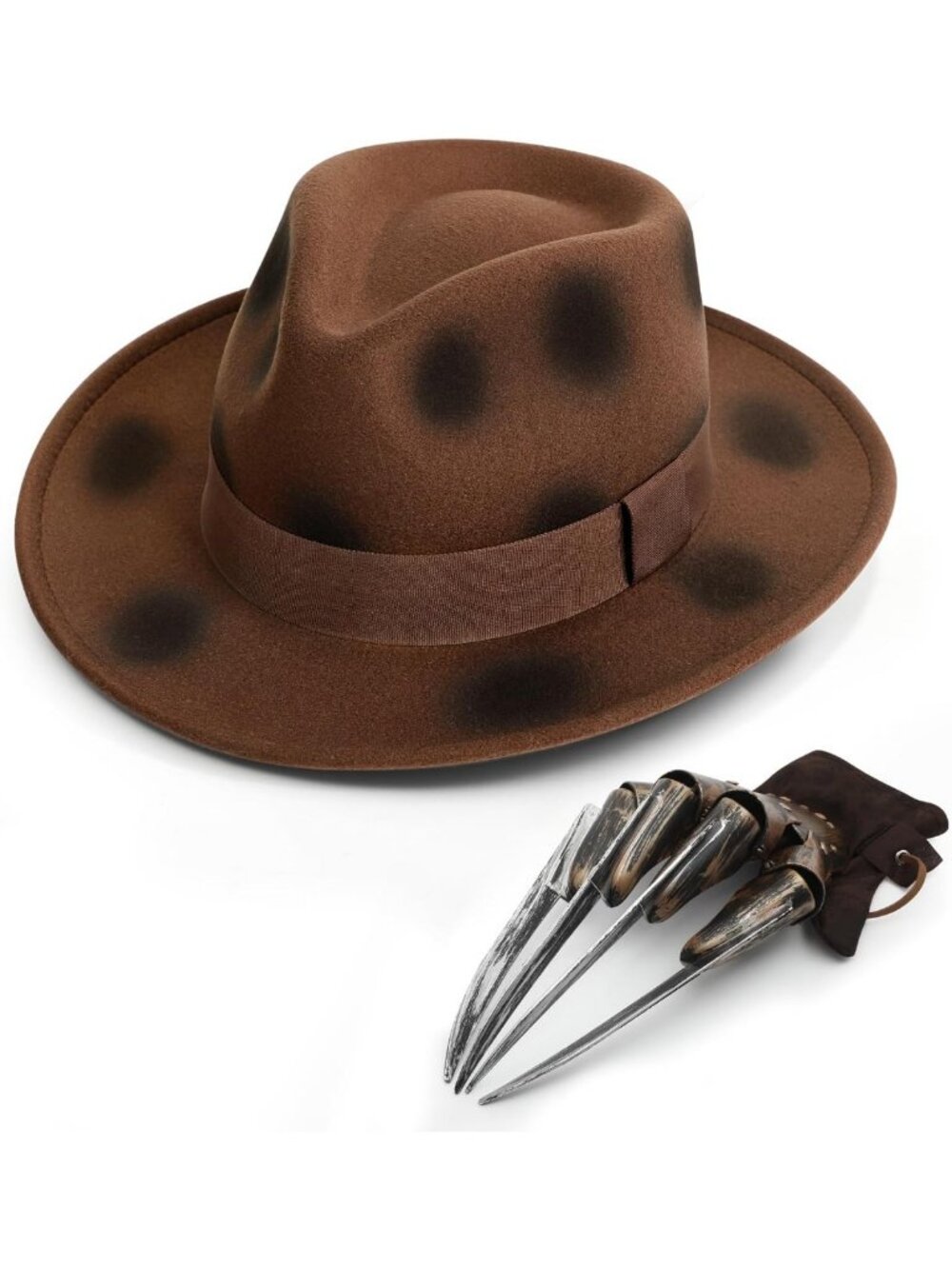 Burned Brown Fedora Hat & Gloves Set - Zombie Costume Accessory for Halloween